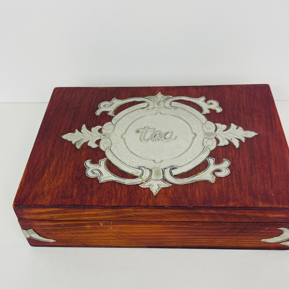Vintage Wood Tea Storage Box Chest Brown Silver Embossed Metal Overlay Divided